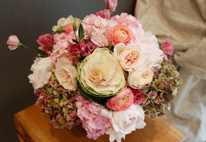 Mark Addison flower arranging romantic love pink orange autumn bouquet garden roses hydrangea cabbage florets